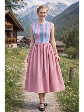 Vintage Madl am Grunmarkt Womens Dirndl Dress 38 Medium Pink Blue Austrian Tyrol